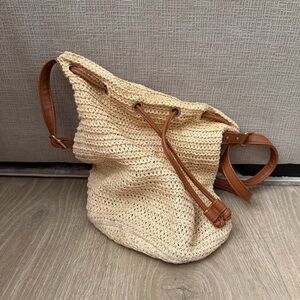 Montce Bucket Bag Beige Woven Tote Bag with Brown Vegan Leather Straps